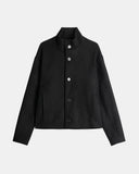 Dorian funnel neck jacket in black, cropped structured jacket with standing collar and button front, flat-lay front view