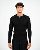 Dorian black ribbed long-sleeve Henley shirt, front view on a male model.