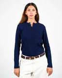 Dorian navy ribbed long-sleeve Henley shirt, front view on a female model.