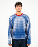 Dorian striped long-sleeve T-shirt in blue and white stripes with a red collar, front view on a male model.