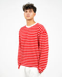 Dorian striped long-sleeve T-shirt in red and white stripes with a white collar, front view on a male model.