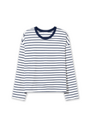 Dorian striped long sleeve t-shirt in navy and white with a navy ringer collar, heavyweight cotton, flat-lay front view