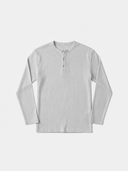 Dorian unisex light grey ribbed long-sleeve henley shirt with 3-button placket, flat-lay front view