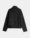 Dorian funnel neck jacket in black, cropped structured jacket with standing collar and button front, front view on model
