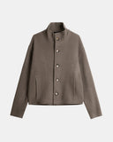 Dorian funnel neck jacket in taupe, cropped structured jacket with standing collar and button front, flat-lay front view