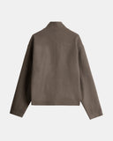 Dorian funnel neck jacket in taupe, cropped structured jacket with standing collar and button front, front view on model