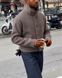 Dorian funnel neck jacket in taupe, cropped structured jacket with standing collar and button front, back view