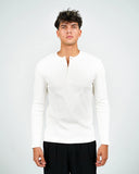 Dorian off-white ribbed long-sleeve Henley shirt, front view on a male model.