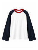Dorian off-white colourblock long sleeve T-shirt with navy raglan sleeves and a red crew neck, front view
