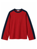 Dorian red colourblock long sleeve T-shirt with navy shoulder and outer-sleeve panels and a navy crew neck, front view