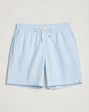 Dorian men's seersucker swim shorts in light blue and white stripe, quick-dry mid-length swim trunks, flat-lay front view