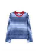 Dorian striped long sleeve t-shirt in blue and white with a red ringer collar, heavyweight cotton, flat-lay front view