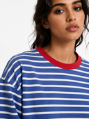 Dorian striped long sleeve t-shirt in blue and white with a red ringer collar, heavyweight cotton, front view on model