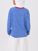 Dorian striped long sleeve t-shirt in blue and white with a red ringer collar, heavyweight cotton, back view