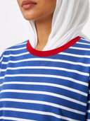 Dorian striped long sleeve t-shirt in blue and white with a red ringer collar, heavyweight cotton, styled on model