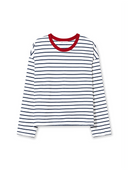 Dorian striped long sleeve t-shirt in navy and white with a red ringer collar, heavyweight cotton, flat-lay front view