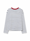 Dorian striped long sleeve t-shirt in navy and white with a red ringer collar, heavyweight cotton, front view on model