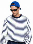 Dorian striped long sleeve t-shirt in navy and white with a navy ringer collar, heavyweight cotton, front view on model