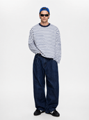 Dorian striped long sleeve t-shirt in navy and white with a navy ringer collar, heavyweight cotton, back view