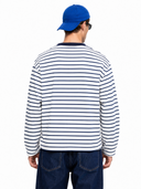 Dorian striped long sleeve t-shirt in navy and white with a navy ringer collar, heavyweight cotton, styled on model