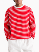 Dorian striped long sleeve t-shirt in red and white with a white ringer collar, heavyweight cotton, front view on model