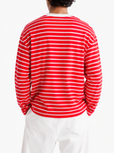 Dorian striped long sleeve t-shirt in red and white with a white ringer collar, heavyweight cotton, back view