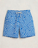 Dorian men's blue and white geometric maze print swim shorts, lightweight quick-dry swim trunks with drawstring waist, flat-lay front view