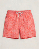 Dorian men's coral paisley swim shorts, lightweight quick-dry swim trunks with drawstring waist, flat-lay front view